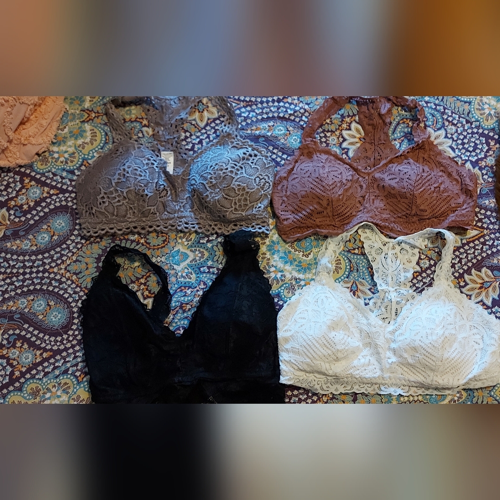 Lace Bralette Set Of 4 - Black, RoseBeige, White, Muted Lilac